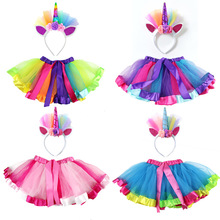 Falda de arcoíris con diadema de unicornio para niños, traje de dos piezas de tutú de malla para niñas de 1 a 9 años, 2019 2024 - compra barato