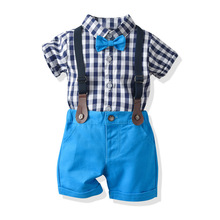 Bebê menino roupas meninos arco xadrez camisas de algodão calças curtas 1-5 anos crianças moda cavalheiro verão roupa conjuntos casuais 2024 - compre barato