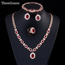 Threegries anel feminino de cristal zircônio cúbico vermelho, tosa e colar, pulseiras e cor dourada, conjunto de joias de casamento js167 2024 - compre barato