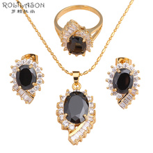 Conjunto de joyería con incrustaciones de cristal negro delicado para mujer, collar de tono dorado, pendientes, anillo sz #6 #7 #8 #9 #10, JS569 2024 - compra barato