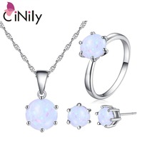 CiNily Minimalist Jewelry Set White Fire Opal Stone Silver Plated Stud Earrings Ring Pendant Charm Birthday Gifts for Girl Lady 2024 - buy cheap