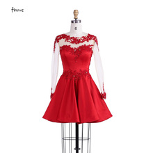 Finove Cocktail Dresses Fashion 2019 Short  Red Homecoming Dress with A-line Long Sleeves Appliques Beaded Satin Tulle for Girls 2024 - buy cheap