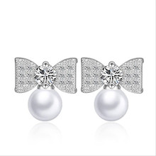 Charm Crystal Bowknot Women Pearl Stud Earrings Jewelry Shiny Silver Plated Earrings For Girl Lady Birthday Gift 2024 - buy cheap