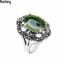 Oval Green Crystal Rings For Women Vintage Look Antique Silver Plated Rhinestone Plum Flower Fashion Jewelry TR696 2024 - buy cheap