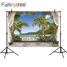 Funnytree-Fondo para estudio fotográfico, telón con Vista de Mar, balcón, playa, árbol de coco, flor y naturaleza, photocall 2024 - compra barato