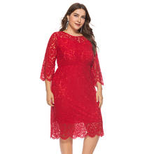 Elegant Women Plus Size Dresses Lace O-Neck Three Quarter Sleeve Hollow Out Vintage Ladies Party Midi Dresses vestidos Black/Red 2024 - buy cheap