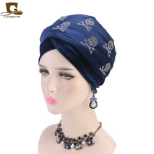 Turbante feminino luxuoso com caveira, turbante de veludo com tubo extra longo, acessório para cabelo 2024 - compre barato