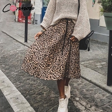 Conmoto Leopard Print Pleated Skirt Women 2018 Streetwear Midi Skirt Elastic High Waist Korean Style Skirt Jupe Femme 2024 - buy cheap