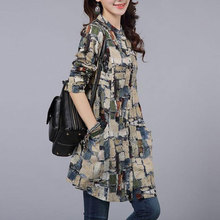 New Spring Autumn Women Loose Casual Shirt Plus Size Vintage Print Cotton Linen Long Tops Ladies Stand Collar Blouses D146 2024 - buy cheap