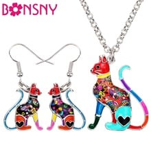 Bonsny-pendientes de aleación de esmalte para mujer, collar con diseño de gato sentado elegante, juegos de joyas para mujer, regalo para chica, Bisutería 2024 - compra barato