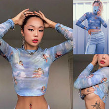 New Fashion Women See-through Sheer Mesh Fishnet T-Shirt Top Cute Angel Printed Female Summer Mesh Tops 2024 - buy cheap