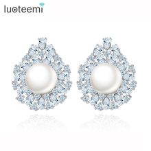 LUOTEEMI Free Shipping Small Size Waterdrop Imitation Pearl Stud Earrings Pave Clear CZ Stone Fashion Jewelry 2024 - buy cheap