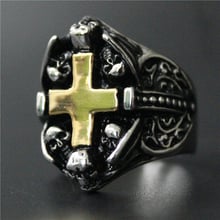 Anillo de acero inoxidable 316L para hombre, sortija con diseño de calavera y cruz de Jesús dorado, a la moda, para Bikers, código 7-11, envío directo 2024 - compra barato