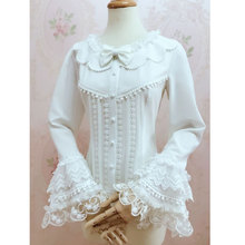 Lindo estilo retrô feminino lolita blusa branca camisa manga longa com borlas 2024 - compre barato