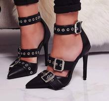 Moraima Snc Hot Selling Pointed Toe Sandal for Woman Sexy Black Leather Buckle Strap Gladiator Shoes Cutouts Thin Heels Shoes 2024 - buy cheap