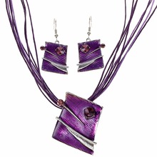 retro purple rhinestone crystal geometric shaped pendant necklace earrings sets silver color choker necklace collares 2024 - buy cheap
