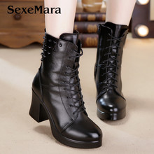 Fashion Black Motorcycle Boots Women High Heel winter warm Lace-up Woman genuine leather boots Mid-Calf Red Laides Rive shoes 2024 - buy cheap