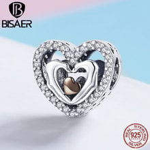 Bisaer pingente mão amor 925, adornos de prata, mãe, amor de coração, pingente de contas, braceletes diy de prata 925, fabricação de jóias ecc934 2024 - compre barato