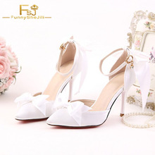 Women Shoes Ladies Pumps  2021 Spring Autumn White Satin Wedding Shoes Bow Stiletto Heels Ankle Strap Plus Size Shoes11 12 13 2024 - buy cheap