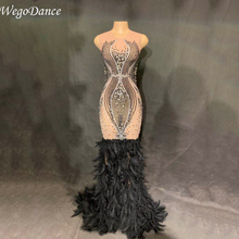 New Fashion Rhinestone Dress Black Feather Perspective Dress Evening Party Birthday Celebrate Costume Singer Performance Dress 2024 - buy cheap