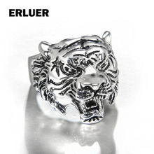 Anel masculino biker anéis de dedo europeu punk gótico estilo retro animal cabeça de tigre cor antiga anel de indicação para homem 2024 - compre barato
