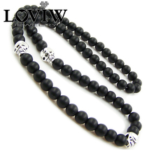 Skull beads Chain ribbon necklace Matt-black obsidian beads & silver colour skulls necklaces  2020 new punk jewelry 2024 - buy cheap