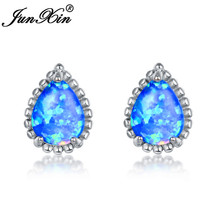 JUNXIN Pear Cut Blue White Fire Opal Stud Earrings For Women Silver Color Rainbow Teardrop Earrings Female Jewelry 2024 - buy cheap