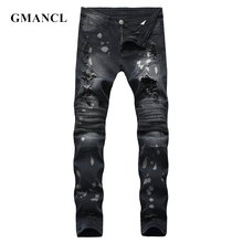 Мужские рваные винтажные байкерские джинсы, рваные мотоциклетные брюки в стиле хип-хоп 2024 - купить недорого