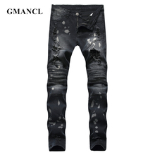 Men Splashing ink knee Pleated Ripped Vintage biker Jeans Streetwear Hip hop Destroyed Motorcycle Mens Holes Denim trousers 2024 - buy cheap