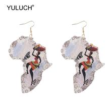 Yuluch 2019 novo design mapa de madeira africano pintado impressão moda gota brincos étnicos pingente jóias para as mulheres presentes festa 2024 - compre barato