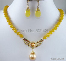 Free Shipping Wholesale>>> Yellow jade Golden Shell Pearl Crystal - Pendant Necklace Earrings Set 2024 - buy cheap