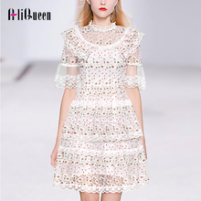 Runway Designer Women Dress Lace Mesh Patchwork Knee-length Dress Women Flare Sleeve Stand Collar Floral Embroidery Party Dress 2024 - buy cheap