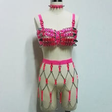 Arnés de cuello de Gargantilla con pinchos Rosa neón hecho a mano, Top corto de 4 filas, sujetador de vinilo de PVC, cinturón de Bondage, falda de cintura, cadenas de vestido, 100% 2024 - compra barato