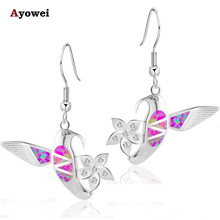 Brinco em formato de pássaro com flor roxa opala de fogo brilho prata estampado joias da moda de zircônia oe438a 2024 - compre barato