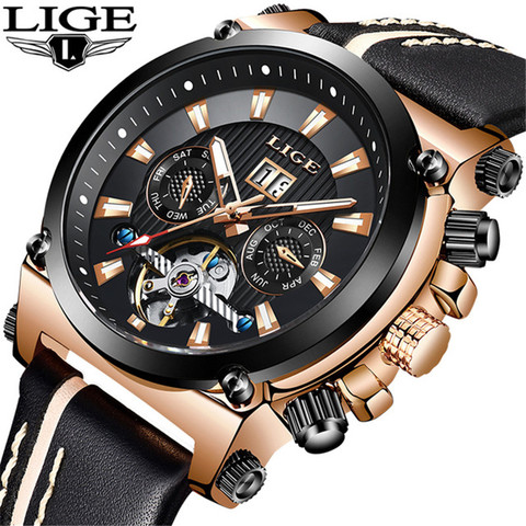 LIGE New Men's Watch Top Brand Luxury Military Sport Watches Men Leather Waterproof Automatic Mechanical Watch Relogio Masculino 2022 - buy cheap
