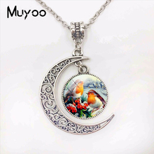 Beauty Birds and Flowers Watercolor Design Glass Cabochon Moon Pendant Necklace Fashion Long Chains Jewelry Handmade Gifts 2024 - buy cheap