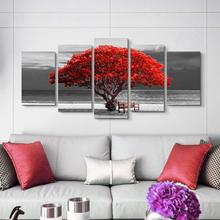 Pintura de 5 paneles, lienzo de arte, paisaje de árbol rojo, imágenes modulares, imágenes de pared grande para sala de estar 2024 - compra barato