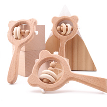 3Pc Baby Rattle Toys Custom Logo Beech Teething Wooden Ring Customized Baby Music Rattles Montessori Early Educational Toy Gifts 2024 - buy cheap