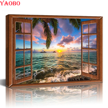 Pintura de diamante artesanal, paisaje marino de puesta de sol y ventana, 5d bordado de diamantes de paisaje natural, punto de cruz, almaznaya, decoración de diamantes de imitación 2024 - compra barato