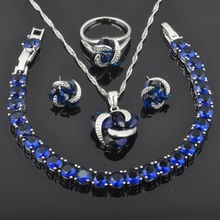 Blue Zirconia Jewellery Sets For Women Wedding Bracelet Silver Color Necklace And Earrings Ring Set QS0176 2024 - buy cheap