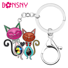 Bonsny Enamel Alloy Rhinestone Crystal Double Cat Key Chains Key Ring Fashion Animal Pet Jewelry For Women Girls Gift Decoration 2024 - buy cheap