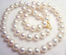 9-10MM 2014 charming free shipping White Akoya Cultured Pearl necklace 14KGP clasp 18"BV464 2024 - buy cheap