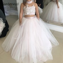 Two Pieces Pink Flower Girl Dresses 2020 Halter Lace Appliques Ball Gown Tulle Kids Communion Dresses 2024 - buy cheap