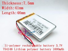 Bateria de íon de lítio/li-íon 3.7v, 1600mah, 754146 polímero para dvr, gps, mp3,mp4, celular, alto-falante 2024 - compre barato