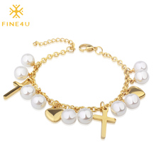 FINE4U B174 New Cross Pearl Charms Bracelet Gold Color Stainless Steel Link Chain Bracelets Christian Jewelry 2024 - buy cheap