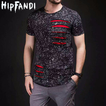 HIPFANDI Brand Designer Mens Curved Hem Ripped Tee Shirts Fashion Hi-Street Hip Hop T Shirt Short Sleeve Streetwear Tshirt Men 2024 - buy cheap