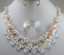 ¡Gran venta! Conjunto de collar de perlas de agua dulce y ópalo de fuego azul claro de moda 2024 - compra barato