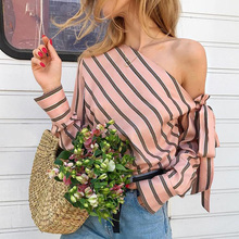 Women One Shoulder Tops Striped Long Sleeve Blouses Bow Casual Elegant Office Ladies Blouse Female Sexy Shirts Fashion 2019 2024 - buy cheap