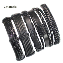 Wholesale Bangle 5pcs/lot Braided Genuine Black Leather Bracelet Men Multilayer Rope Bracelets Pulseira Masculina F46 2024 - buy cheap