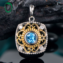 Caimao Jewelry Natural Blue Topaz Vintage Design Yellow Gold Plated 925 Sterling Silver Pendant 2024 - buy cheap